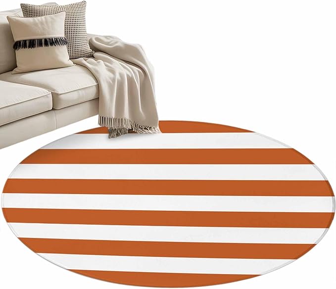 Washable Round Area Rug Farmhouse Classic Stripes Circle Rugs Floor Carpet for Living Room Bedroom, Orange White Soft Non Slip Round Rug 4ft