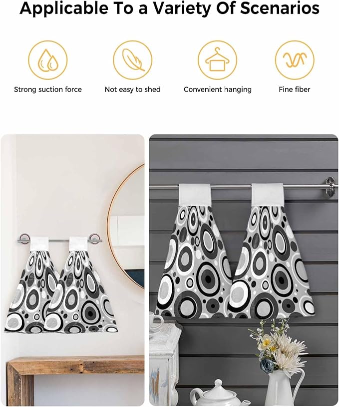 Alandar Home Kitchen Tie Towel Set of 2, Modern Circle Gray Black White Absorbent Soft Hand Towels for Bathroom Hanging Towels, Abstract Geometric Art Fast Drying Cleaning Cloth with Loop