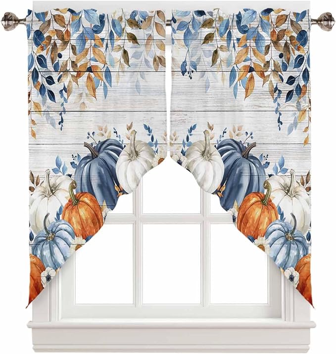Blue White Orange Pumpkins Eucalyptus Leaves Fall Swag Valance Curtains Autumn Thanksgiving Vintage Wood Grain Rod Pocket Kitchen Curtains, Scalloped Window Treatment Valances, 1 Pair, 28"W x 36"L