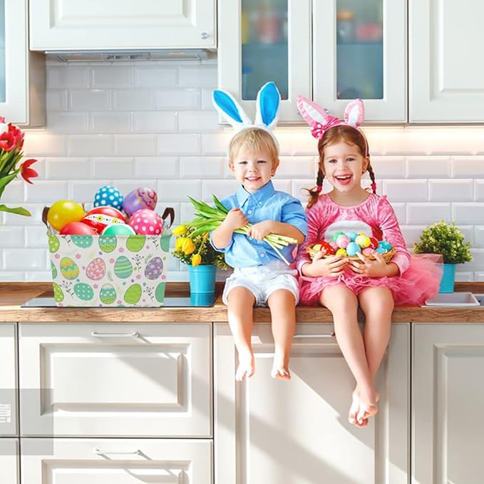 NTAOHAMPER Large ,Empty,Rectangular Colerful Eggs Basket for Boys and Girls Gift,Kids Toy Storage Bin with Hand Painted easter eggs,Baby Room Decor (Easter Basket)