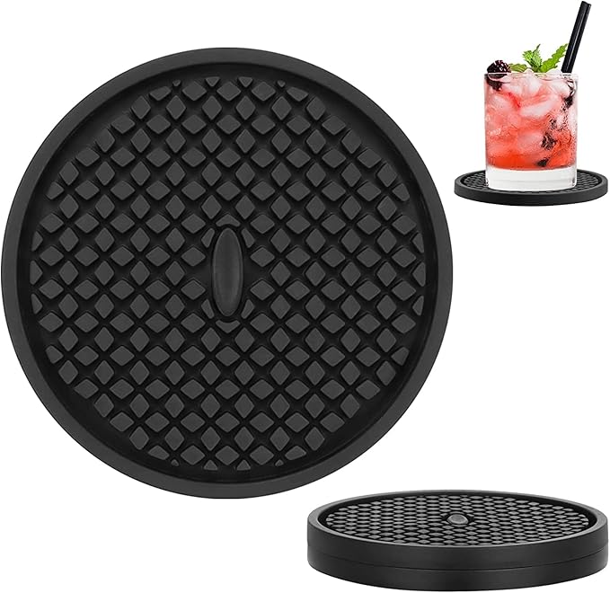 Silicone Coasters for Drinks, Non‑Slip Spill‑Proof Heat Resistant Drink Coasters 2-Piece Set, Reusable Washable Table Protection for Home Decor Kitchen Office, Bar(2Pack,Black)
