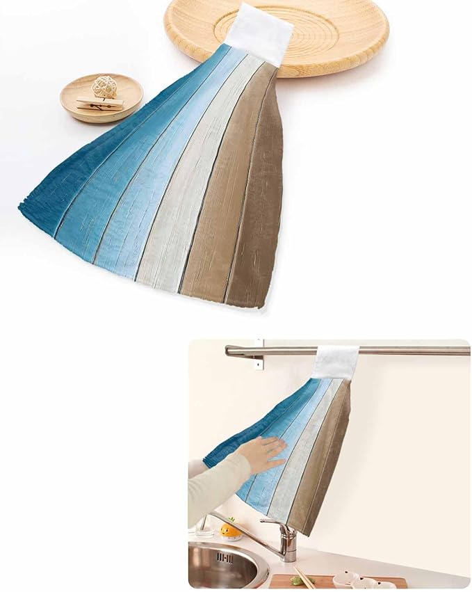 Alandar Home Kitchen Tie Towel Set of 2, Farm Blue Gradient Wood Board Absorbent Soft Hand Towels for Bathroom Hanging Towels, Vintage Brown Wood Grain Fast Drying Cleaning Cloth with Loop
