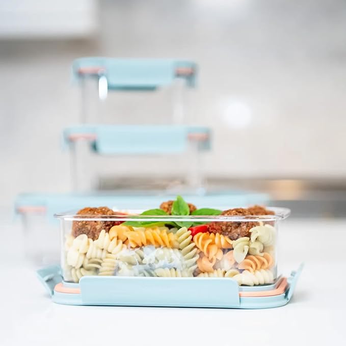 LocknLock LBF405RS7M Bisfree Modular Plus Food Storage Containers for Lunch, Meal Prep, Stackable, BPA-Free, Leakproof, Microwave, Dishwasher, Freezer-Safe, 14 Pieces, 7 Boxes and 7 Lids, Mint, 1.5L