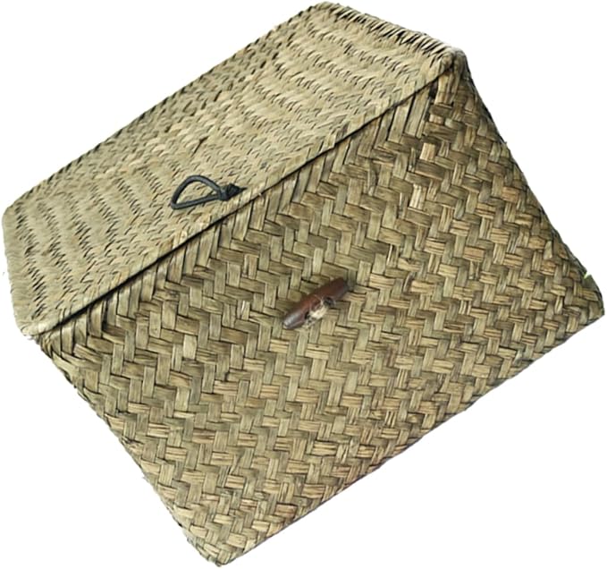 IMIKEYA 1Pc Natural Woven Storage Box with Lid Multi Functional present Holding Basket for Home Decor for Organizing Bedroom Stylish