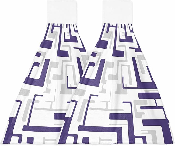 Alandar Home Kitchen Tie Towel Set of 2, Modern Abstract Purple Gray Stripes Absorbent Soft Hand Towels for Bathroom Hanging Towels, Geometric Square Art Fast Drying Cleaning Cloth with Loop