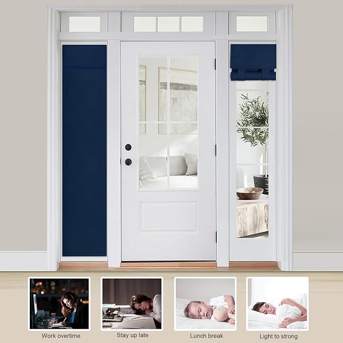 WdFour Solid Color Room Darkening Side Door Curtain - 12W x 80L Inches Navy Blue,Window Covering for Glass Doors, 1 Panel with Tie-Up Shade, Light Filtering Sidelight Curtains for Entryway & Patio