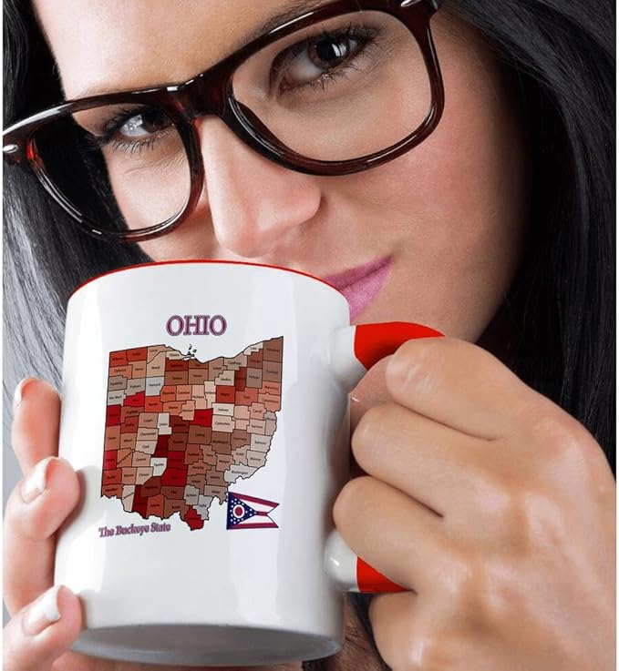 3dRose Map, flag and nickname of Ohio with all counties colored and labeled 11oz Two-Tone Red Mug
