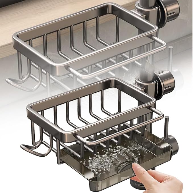 Kitchen Sink Faucet Organizer, 2024 Upgraded Dish Sponge Holder Over Faucet Kitchen Sink Caddy Organizer with Hook for Bathroom, Scrubbers, Soap, Work With 0.7-1.1inch Round Water Pipe (Gray, Left)