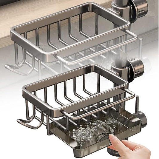 Kitchen Sink Faucet Organizer, 2024 Upgraded Dish Sponge Holder Over Faucet Kitchen Sink Caddy Organizer with Hook for Bathroom, Scrubbers, Soap, Work With 0.7-1.1inch Round Water Pipe (Gray, Left)