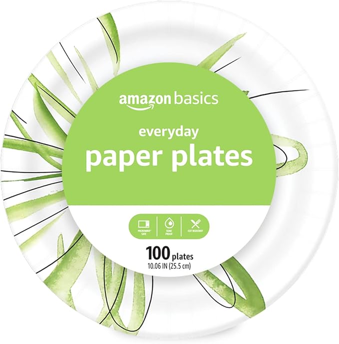 Amazon Basics Everyday Disposable Paper Plates, 10 Inch, Microwave-Safe, Cut Resistant, Soak-Proof, 100 Count