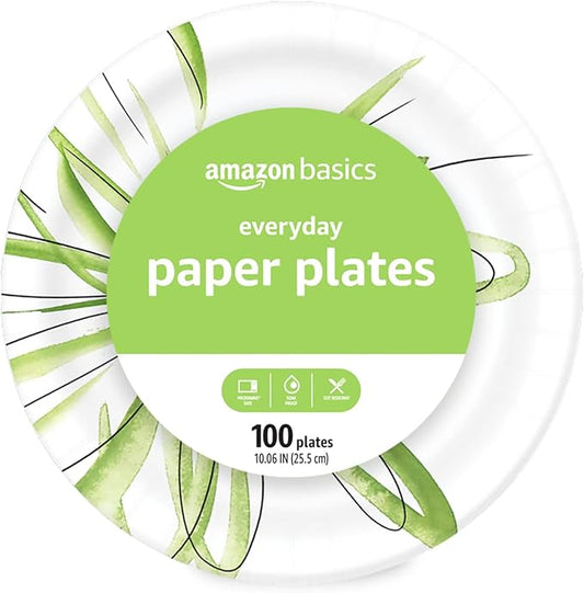 Amazon Basics Everyday Disposable Paper Plates, 10 Inch, Microwave-Safe, Cut Resistant, Soak-Proof, 100 Count