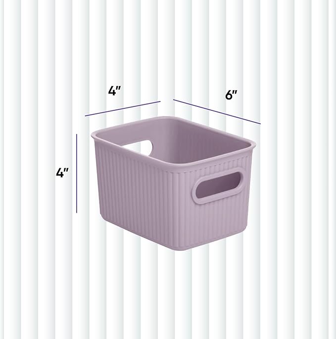 Superio Ribbed Collection - Decorative Plastic Basket Open Home Storage Bins Organizer, Small Lilac Purple (4 Pack) Container Boxes for Organizing Closet Storage Bins for Shelves 1.5 Liter