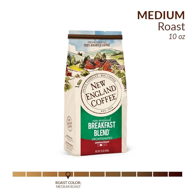 New England Coffee Breakfast Blend Decaffeinated Medium Roast Ground Coffee, 10oz Bag (Pack of 1)