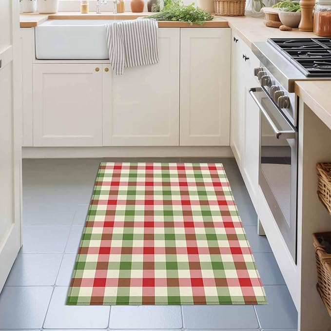 Area Rug 2x3ft, Vintage Pastoral Red Green Buffalo Gingham Washable Rugs for Living Room Bedroom, Christmas Plaid Soft Non-Slip Area Rugs Rectangle Floor Carpet for Dining Room