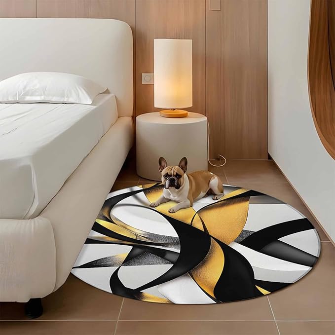 Washable Round Area Rug Modern Geometric Stripe Texture Circle Rugs Floor Carpet for Living Room Bedroom, Abstract Gold Black White Line Soft Non Slip Round Rug 4ft