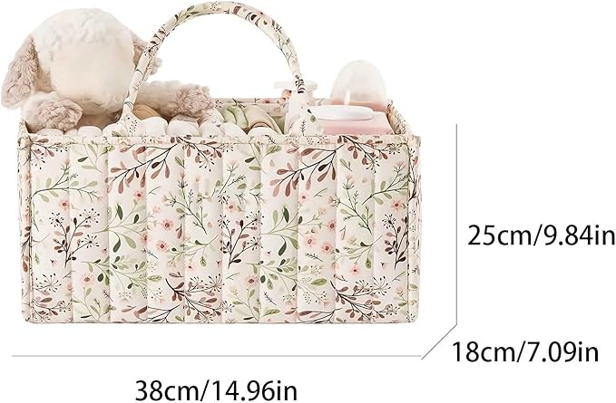 Quilted Fabric Storage Basket Floral Baby Diaper Caddy Quilted Basket for Nursery Bedroom Car Storage (L- Beige 03)