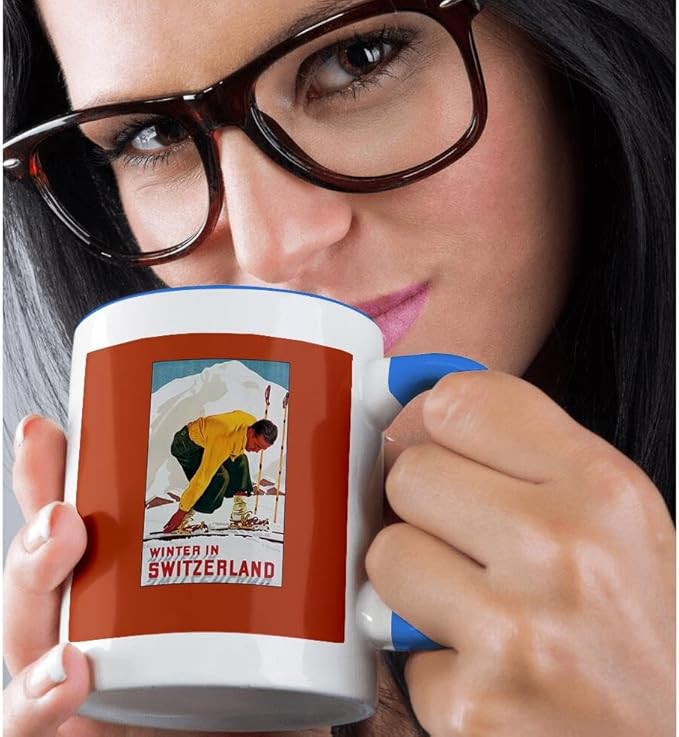 3dRose Winter in Switzerland Man Putting on his Skis Luggage Label 15oz Two-Tone Blue Mug