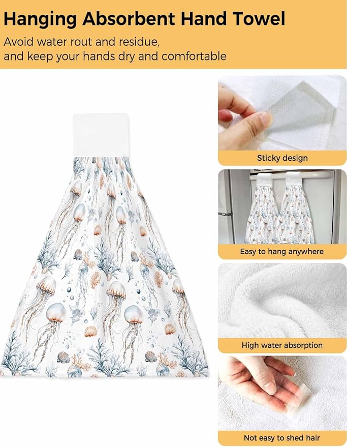 Alandar Home Kitchen Tie Towel Set of 1, Summer Marine Life Jellyfish Absorbent Soft Hand Towels for Bathroom Hanging Towels, Watercolor Starfish Conch Fast Drying Cleaning Cloth with Loop