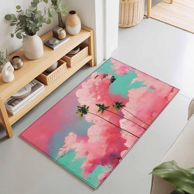 Area Rug 2x3ft, Summer Dreamy Pink Cloud Washable Rugs for Living Room Bedroom, Watercolor Tropical Palm Tree Soft Non-Slip Area Rugs Rectangle Floor Carpet for Dining Room
