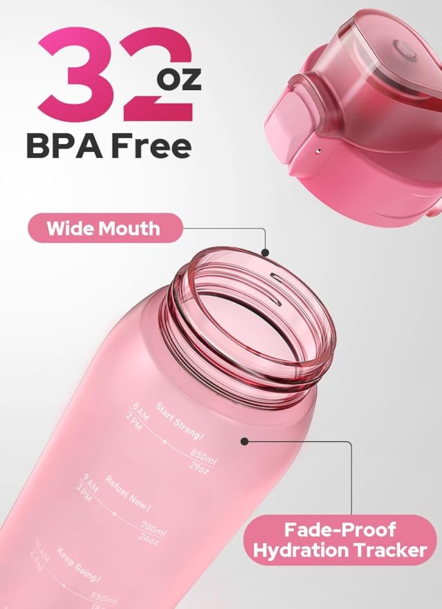 Opard Zip 32oz Plastic Water Bottle Dishwasher Safe, Leakproof Flip-Top Lid, BPA Free Tritan, Wide Mouth Reusable Sports Water Bottle for Gym Hiking Commuting Outdoor Travel and School