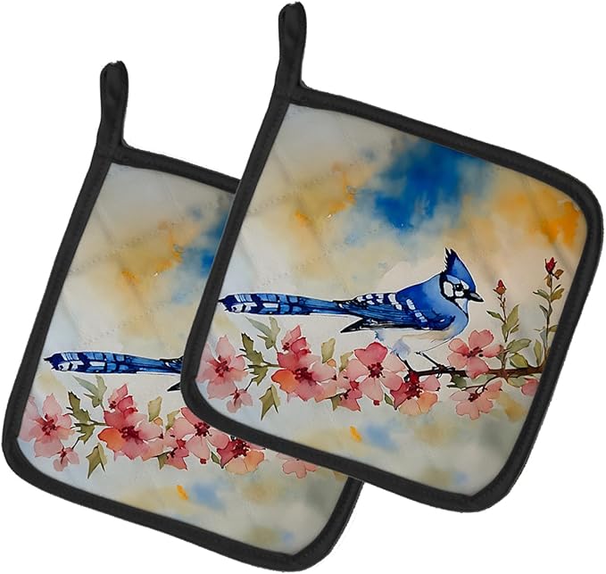 Caroline's Treasures Blue Jay Pair of Pot Holders Kitchen Heat Resistant Pot Holders Sets Oven Hot Pads for Cooking Baking BBQ, 7 1/2 x 7 1/2