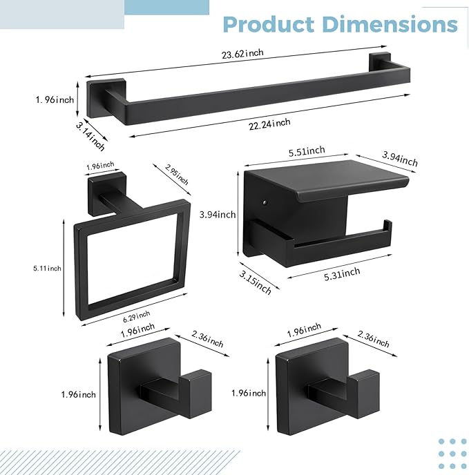 Bath Fixtures, Steel, 5-Piece, Includes Paper Holder, Bar, Ring, Hook, Black Matte Finish, Contemporary, Easy To Mount, Stainless Steel Storage