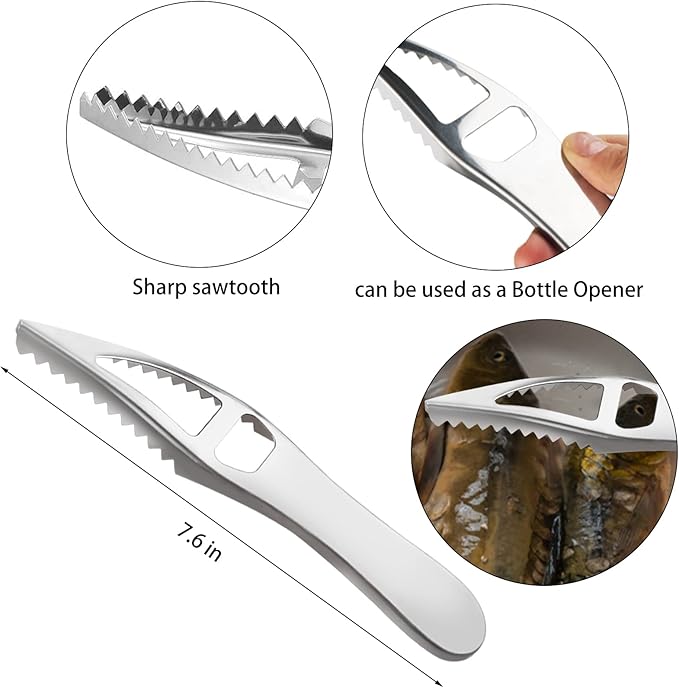 Openfly Fish Scaler Tool, Stainless Steel Fish Scaler Remover Fish Scraper Scaler with Sawtooth, Fish Skin Graters Fish Tweezers Fish Descaler Tool for Cleaning Fish