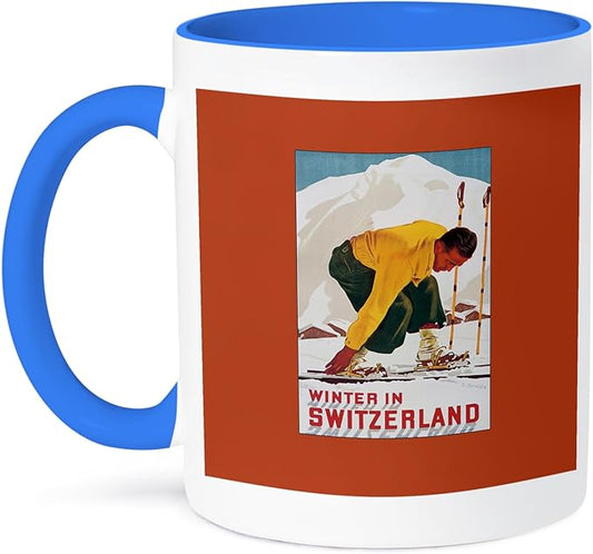 3dRose Winter in Switzerland Man Putting on his Skis Luggage Label 15oz Two-Tone Blue Mug