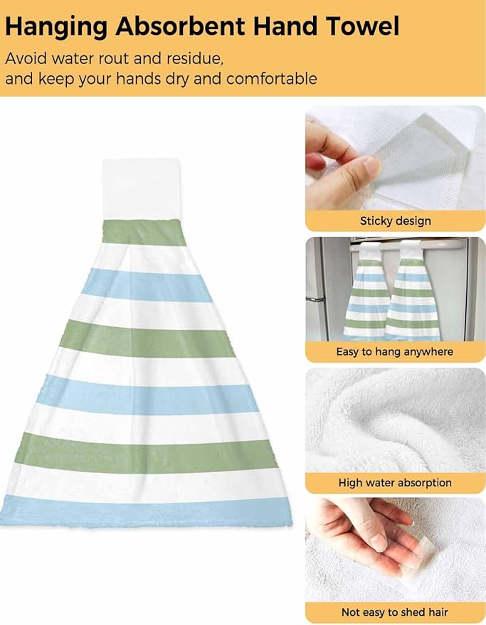 Alandar Home Kitchen Tie Towel Set of 1, Geometric Sage Green and Blue Stripes Absorbent Soft Hand Towels for Bathroom Hanging Towels, Minimalist Lines on White Fast Drying Cleaning Cloth with Loop