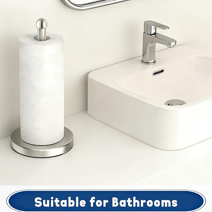 DAWNER Paper Towel Holder Freestanding, Weighted Base with Suction Cups, Easy One-Handed Tear Stainless Steel Brushed Nickel Paper Towel Stand for Kitchen Bathroom Countertop