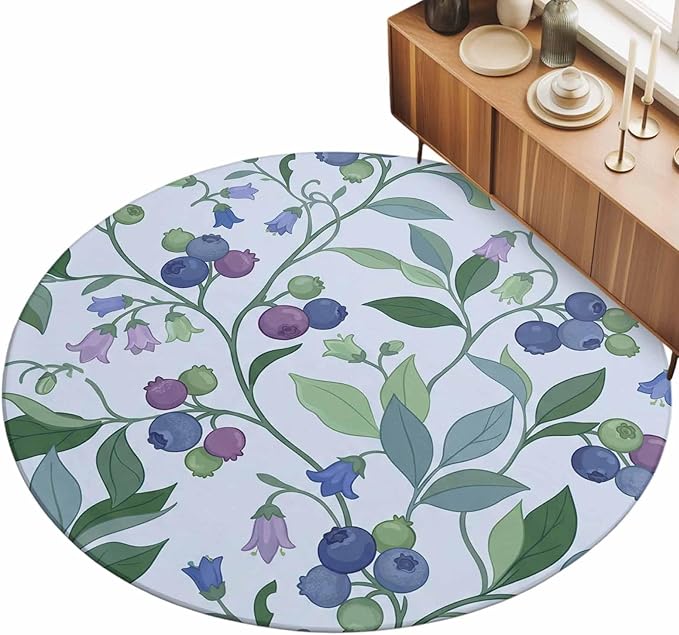 Washable Round Area Rug Blueberries Bell Flowers Circle Rugs Floor Carpet for Living Room Bedroom, Modern Watercolor Plants Soft Non Slip Round Rug 5ft