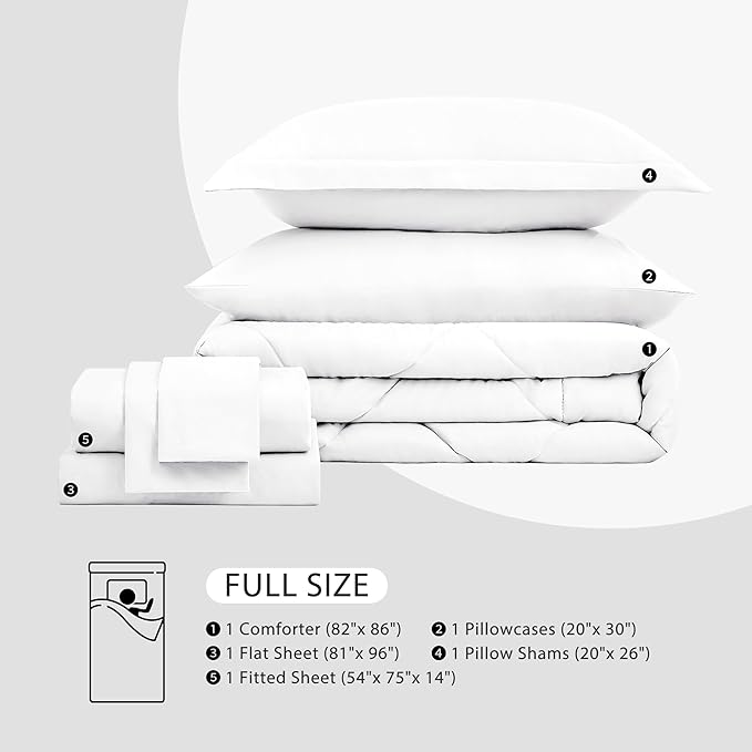 Love's cabin Full Comforter Set White, 7 Pieces Full Bed in a Bag, All Season Bedding Sets with 1 Comforter, 1 Flat Sheet, 1 Fitted Sheet, 2 Pillowcase and 2 Pillow Sham | Soft, Breathable, Lightweight, Comfortable