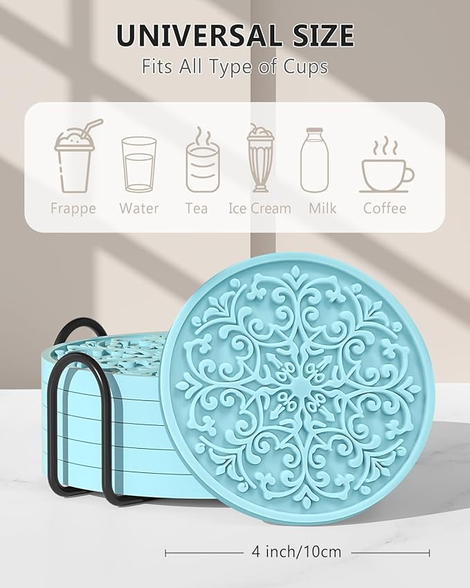 Drink Coasters, Coasters Set of 6 for Cup with Holder, Non-Slip Silicone Cup Mats for Hot and Cold Drinks, Cute Absorbent Coffee Bar Accessories Table Decor, Blue