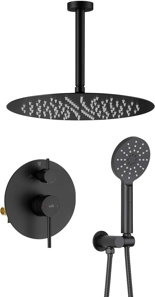 KIBI Circular Ceiling Mounted Shower System with 2-Function Faucet Set | Solid Brass Pressure Balanced Valve | Anti-Scald Design for Reliable Water Temperature Control (Matte Black Finish, KSF408)