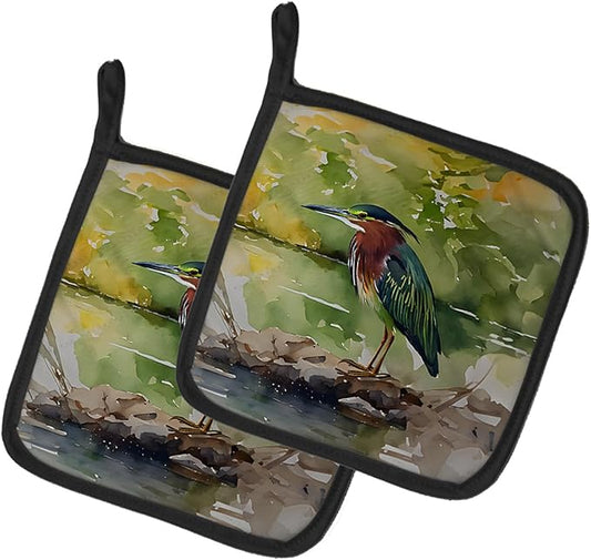 Caroline's Treasures Green Heron Pair of Pot Holders Kitchen Heat Resistant Pot Holders Sets Oven Hot Pads for Cooking Baking BBQ, 7 1/2 x 7 1/2