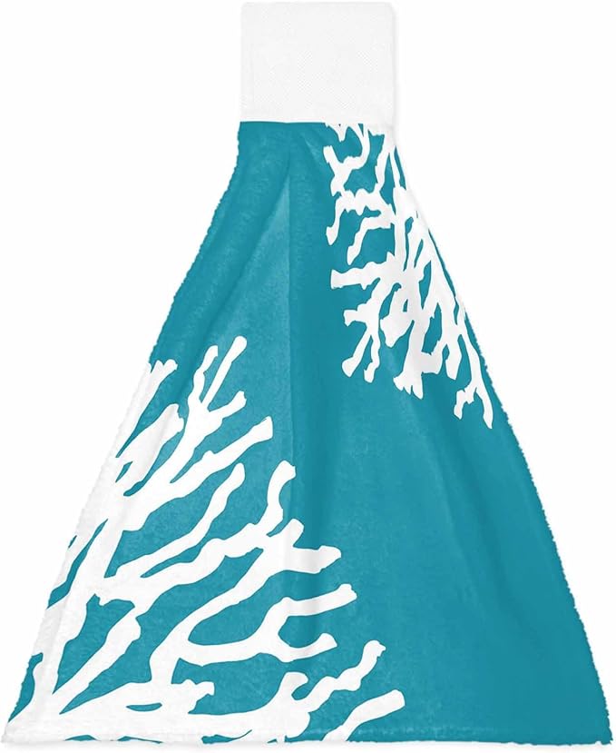 Alandar Home Kitchen Tie Towel Set of 1, Summer Blue Ocean Abstract Coral Absorbent Soft Hand Towels for Bathroom Hanging Towels, Modern Minimalist Art Fast Drying Cleaning Cloth with Loop
