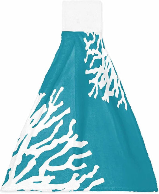 Alandar Home Kitchen Tie Towel Set of 1, Summer Blue Ocean Abstract Coral Absorbent Soft Hand Towels for Bathroom Hanging Towels, Modern Minimalist Art Fast Drying Cleaning Cloth with Loop