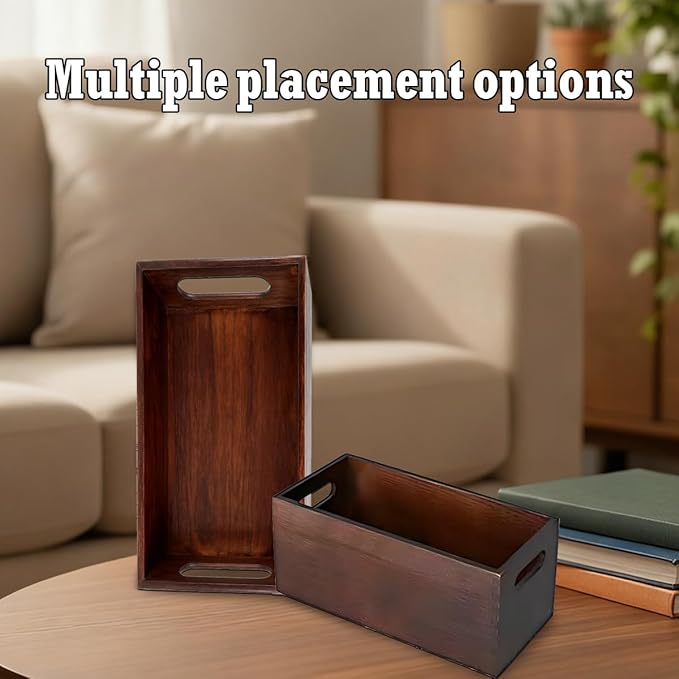 2 Pcs Wooden Nesting Crates with Handle, Rustic Decorative Stackable Cube Wooden Storage Boxes, Farmhouse Brown Natural Solid Wood Crate Box 2 Size for Party Home Table Decoration Display