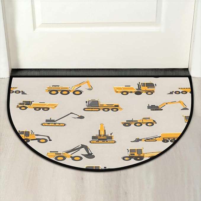 Yellow Excavator Trucks Half-Round Door Mat | Indoor Entrance Half-Moon Rug | Low-Pile | Area Rug, Non-Slip, Absorbent Semi-Circle Welcome Mats for Kitchen, Patio, and Home Decor | 36x24 Inches