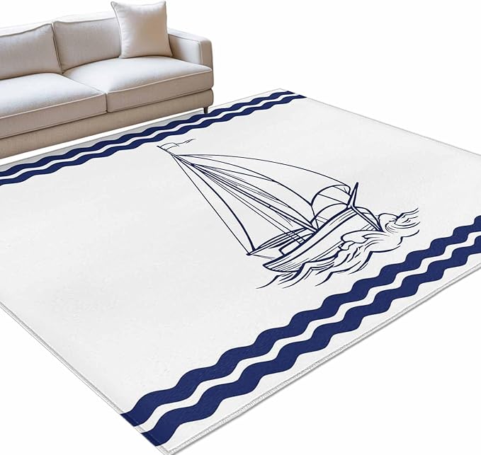 Area Rug 8x10ft, Summer Ocean Nautical Sailboat Washable Rugs for Living Room Bedroom, Marine Theme Navy Blue Stripe Soft Non-Slip Area Rugs Rectangle Floor Carpet for Dining Room