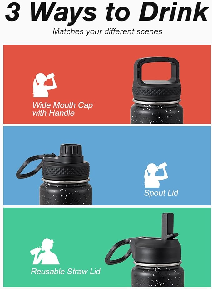 Coolflask Water Bottle 24 oz Insulated with Straw, Stainless Steel Metal 3 Lids Water Flask Wide Mouth for Sports or Office, Non-BPA Keep Cold Up to 48 Hrs or Hot Up to 24 Hrs, Starry Night