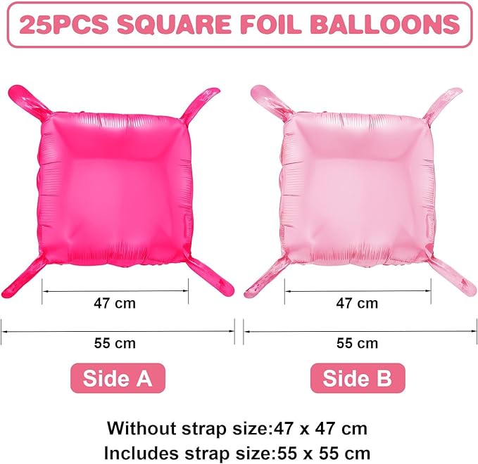 Hot Pink Square Foil Balloon Wall,25Pcs Double Sided Balloons Backdrop Foil Balloon Tunnel Arch Garland Kit for Valentine's Day Birthday Bridal Anniversary Baby Shower Party Decorations