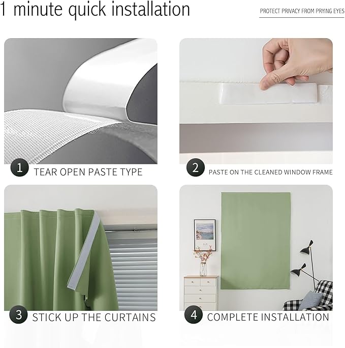Magic Tape Blackout Curtains for Bedroom No Drillng Self Adhesive Curtains No Rod Small Window, 35" W X 71" L, Sage Green, 1 Panel