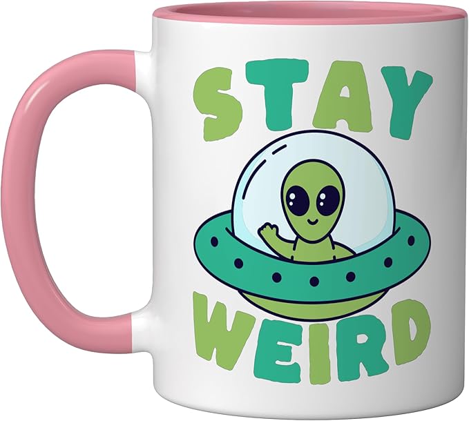 Cute Alien Stay Weird UFO Extraterrestrial Space Ceramic Mug, Pink/White