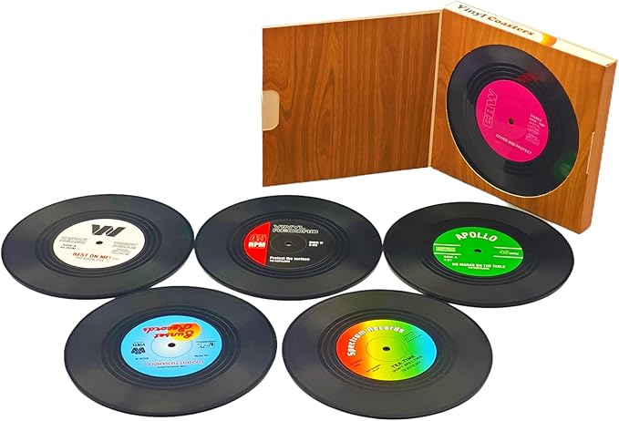 6-Coaster Set Retro Vinyl Coasters, Non-Slip & Heat-Resistant Cup Mats for Cold & Hot Drinks, Fits All Cup Types, Ideal Gift for Music Lovers & Retro Decor Fans (4.1 Inches)
