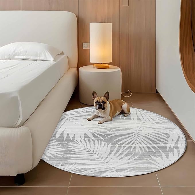 Washable Round Area Rug Modern Gray Palm Leaves Circle Rugs Floor Carpet for Living Room Bedroom, Boho Tropical Leaves Soft Non Slip Round Rug 5ft