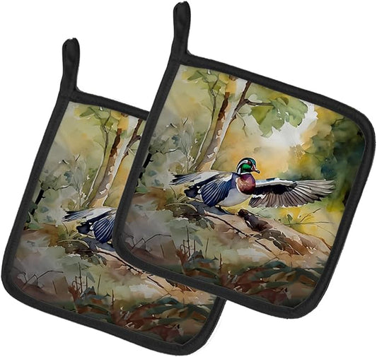 Caroline's Treasures Wood Duck Pair of Pot Holders Kitchen Heat Resistant Pot Holders Sets Oven Hot Pads for Cooking Baking BBQ, 7 1/2 x 7 1/2