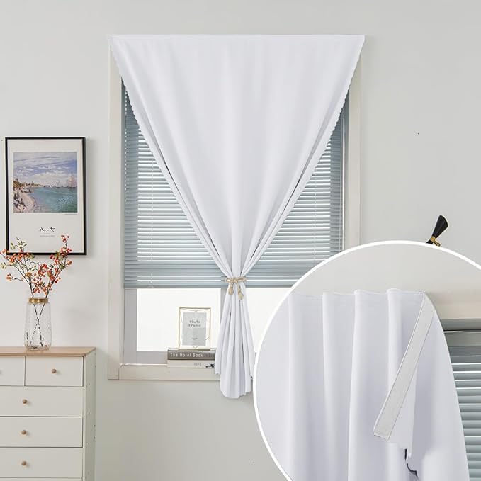 self Adhesive Curtains Portable Blackout Curtain Simple and Easy to Install Bedroom Window Thermal Lnsulated Kitchen Room Darkening Black Small Drapes, 59" W X 59" L, White, 1 Panel