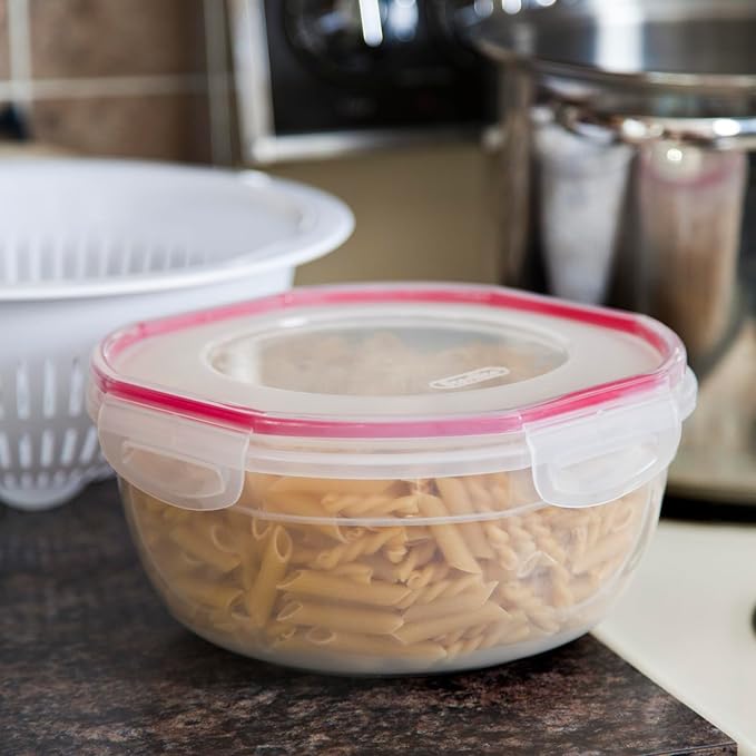 Sterilite Ultra-Seal 4.7 Qt Bowl, Large Airtight Food Storage Container, Latching Lid, Microwave and Dishwasher Safe, Clear With Red Gasket, 4-Pack