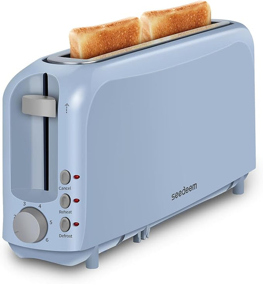 SEEDEEM 2 Slice Slim Toaster, Single 10" Long Slot Toaster Fits Bagels & Artisan Bread, 6 Shade Settings, Cancel/Reheat/Defrost, Removable Crumb Tray, Auto Shut-Off, Blue